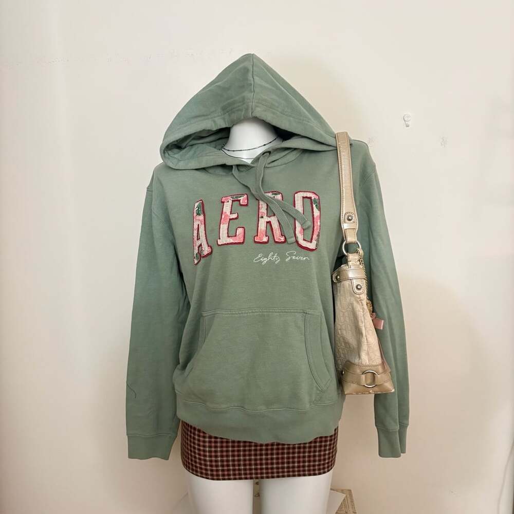 Aeropostale Eighty Seven Hoodie Size L Sage Green Floral Applique
